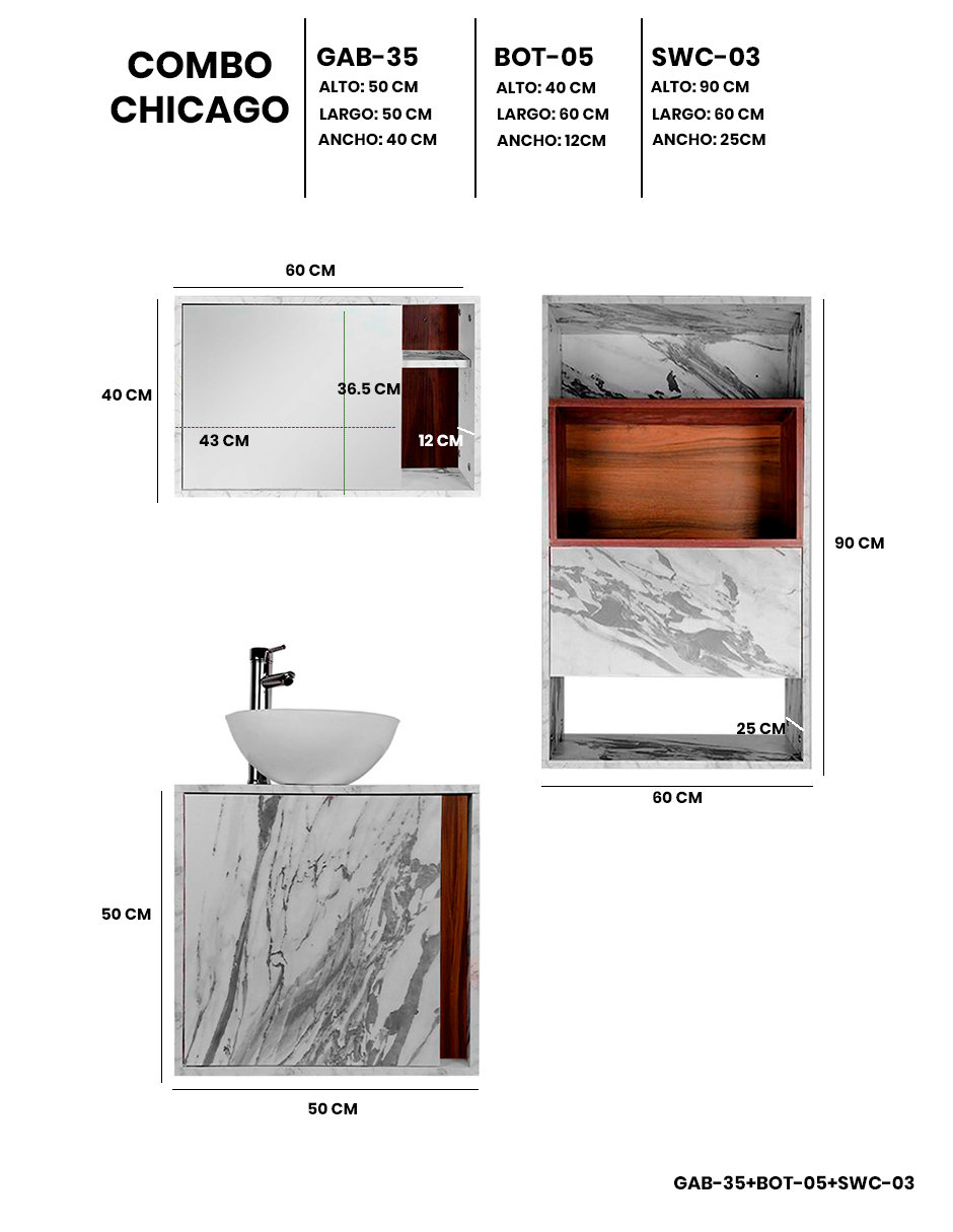 Foto 5 pulgar | Combo Chicago Gabinete de Baño con Botiquín y Mueble Sobre WC MDF Moderno