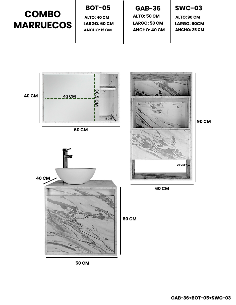 Foto 5 pulgar | Combo Marruecos Gabinete De Baño Moderno Con Lavabo  Botiquín Y Sobre Wc  Mdf