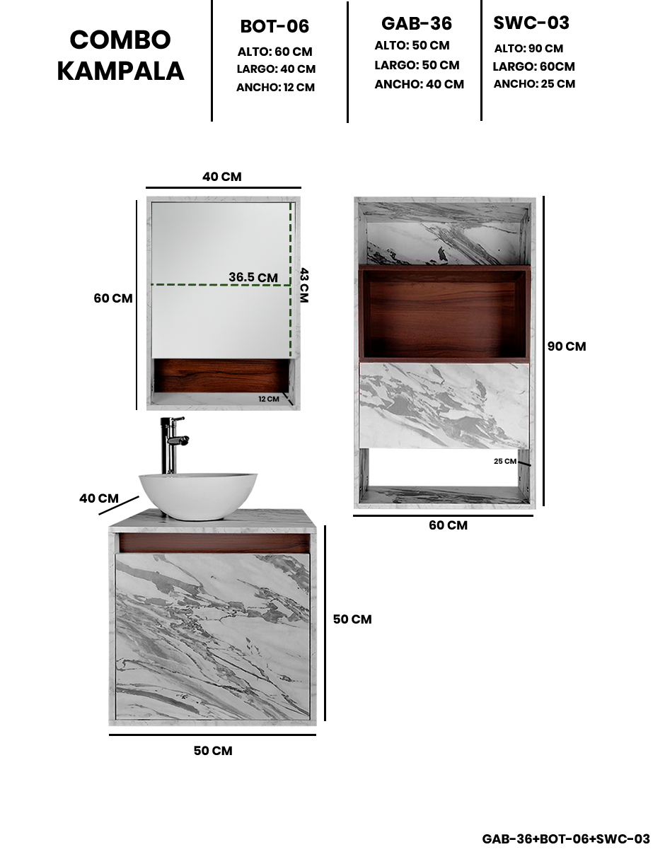 Foto 5 pulgar | Combo Kampala Gabinete de Baño Moderno con Espejo MDF + Botiquín y Mueble sobre WC 3 Piezas