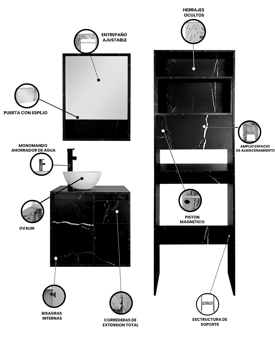 Foto 4 pulgar | Combo Bombay Gabinete de Baño Moderno con Espejo Mueble sobre WC con 3 Estantes MDF