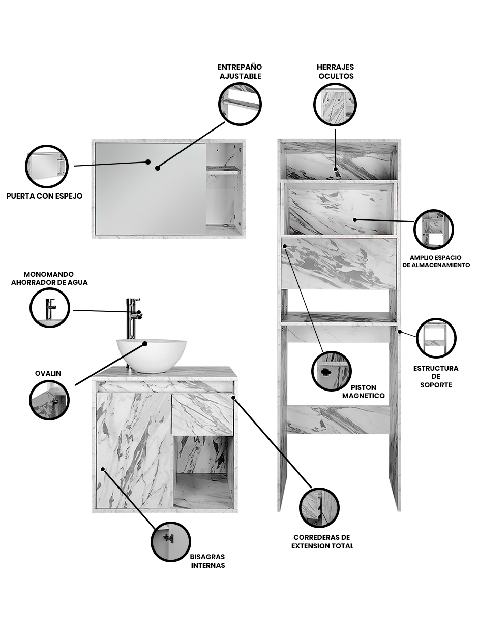 Foto 4 pulgar | Combo Daca Gabinete de Baño Moderno con Espejo Mueble Sobre WC con 3 Estantes MDF