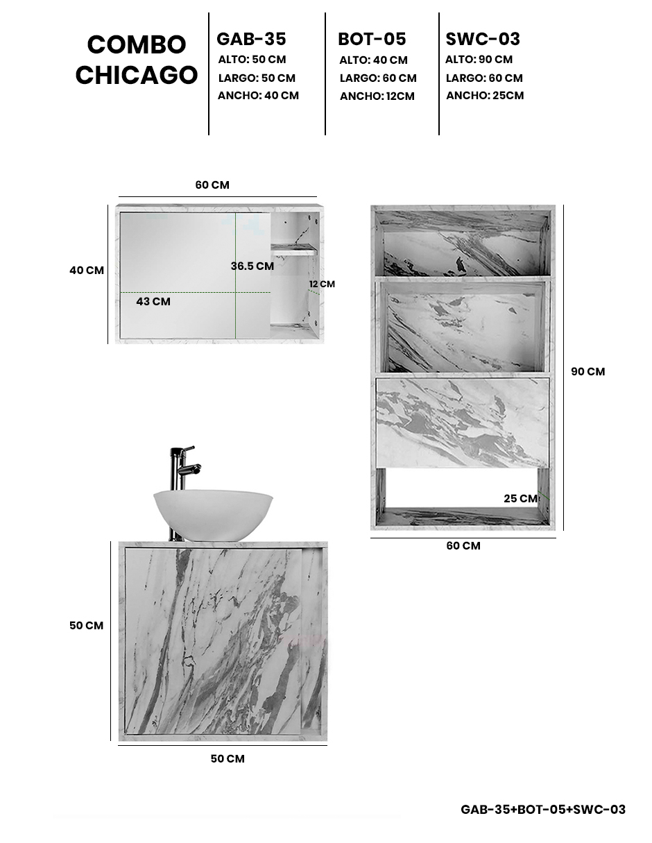 Foto 5 pulgar | Combo Chicago Gabinete de Baño con Botiquín y Mueble Sobre WC MDF Moderno