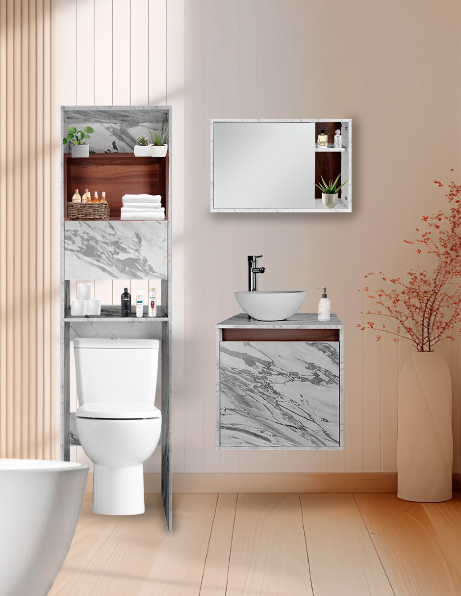 Combo Argel Gabinete de Baño Moderno con Mueble Sobre WC y Botiquín MDF