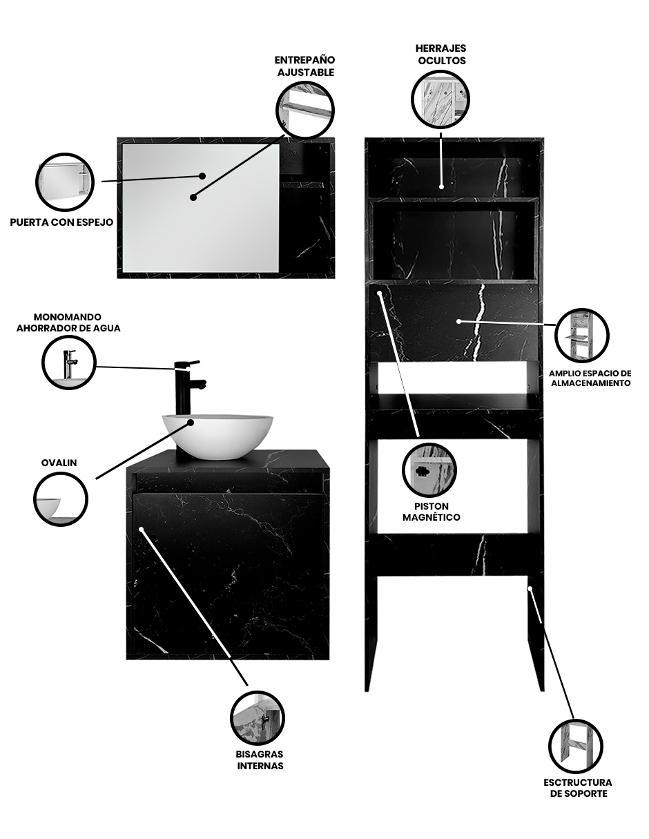 Foto 4 pulgar | Combo Argel Gabinete de Baño Moderno con Mueble Sobre WC y Botiquín MDF