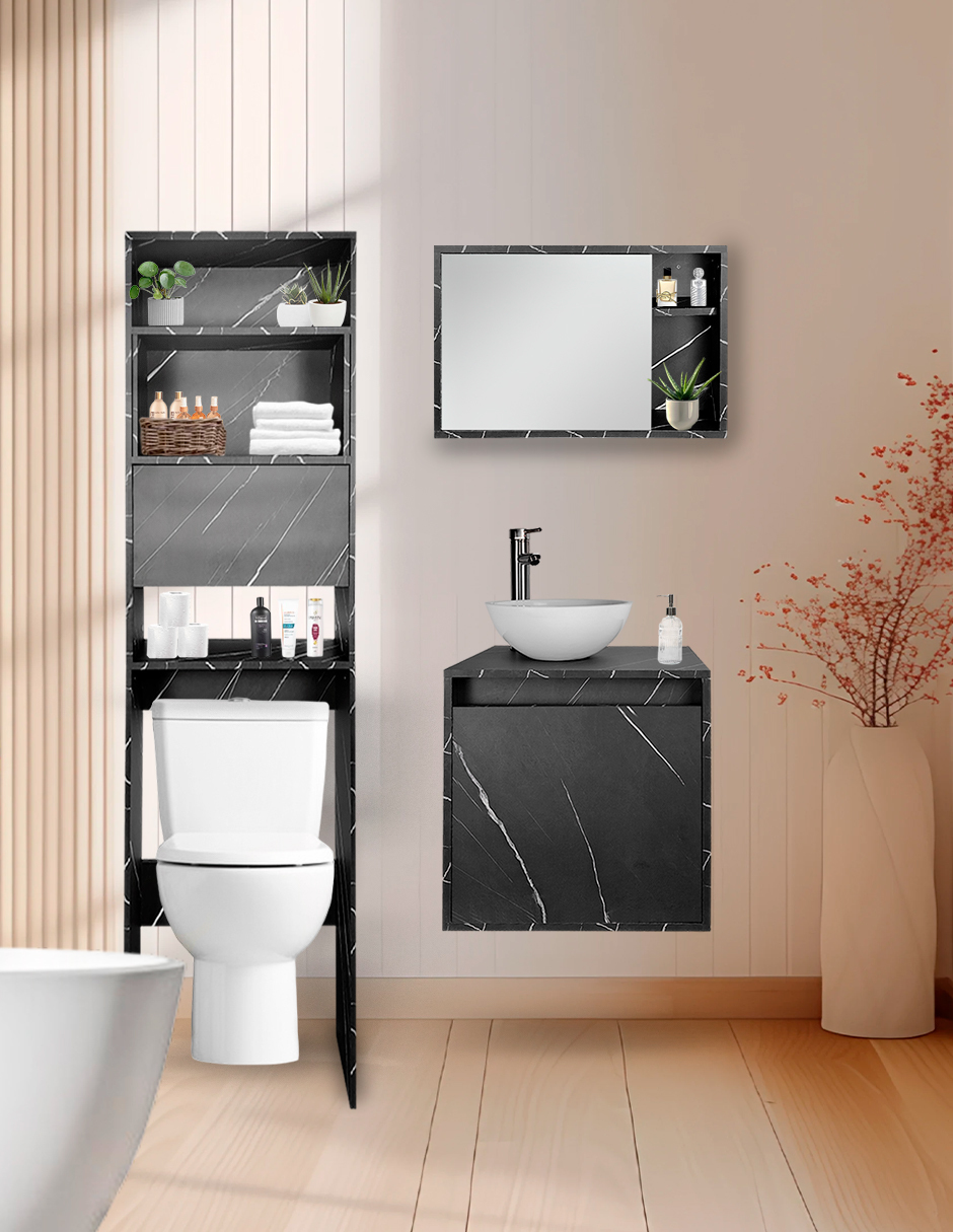 Combo Argel Gabinete de Baño Moderno con Mueble Sobre WC y Botiquín MDF