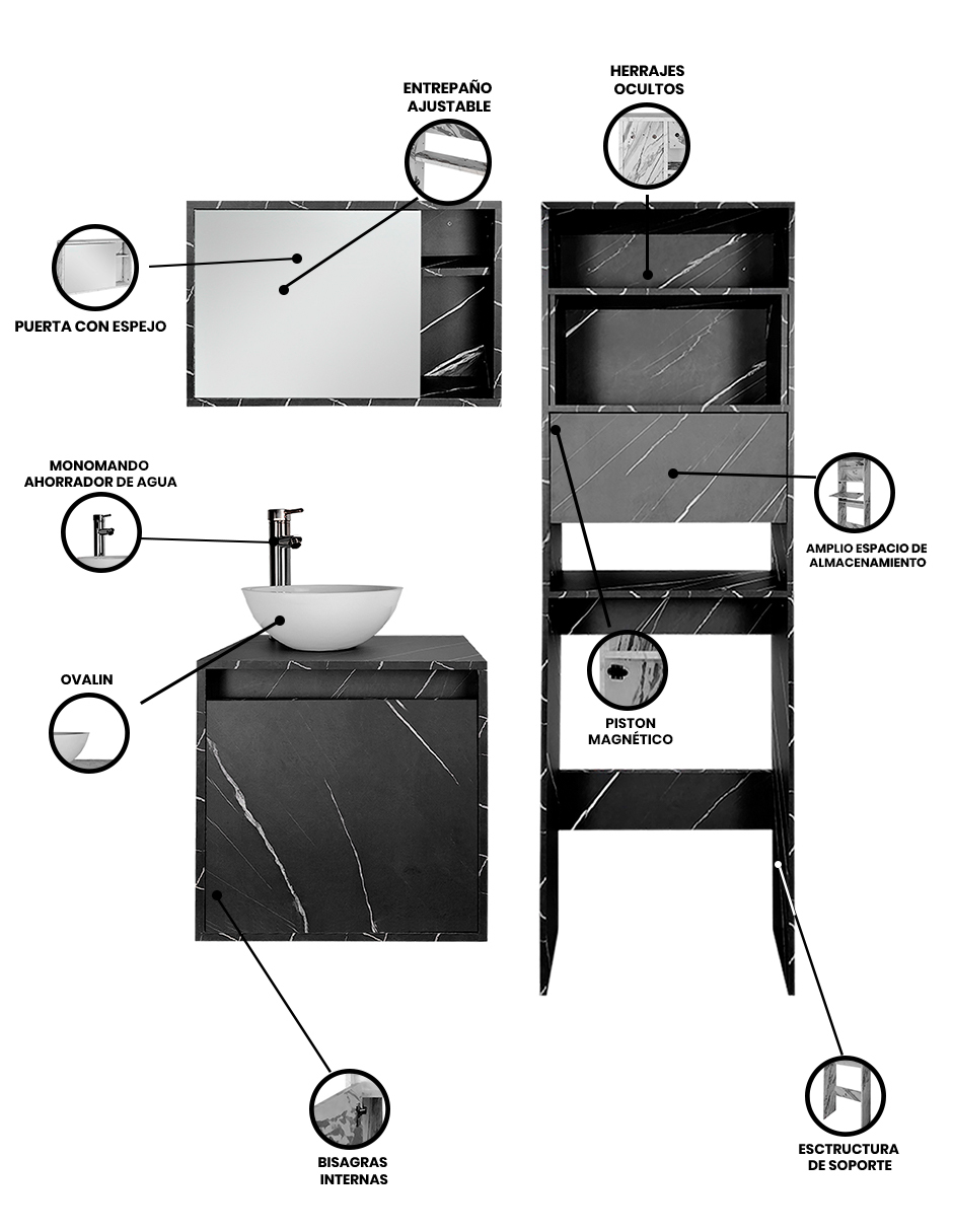 Foto 4 pulgar | Combo Argel Gabinete de Baño Moderno con Mueble Sobre WC y Botiquín MDF