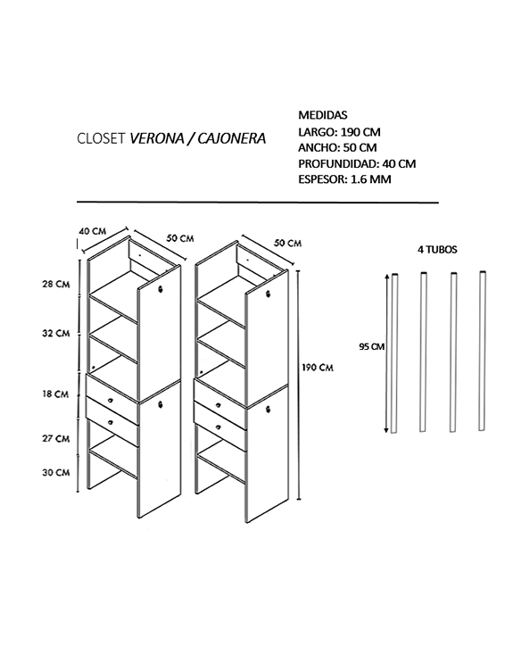 Foto 3 pulgar | Closet Armable Verona 2 Cajoneras Premium Ajustable