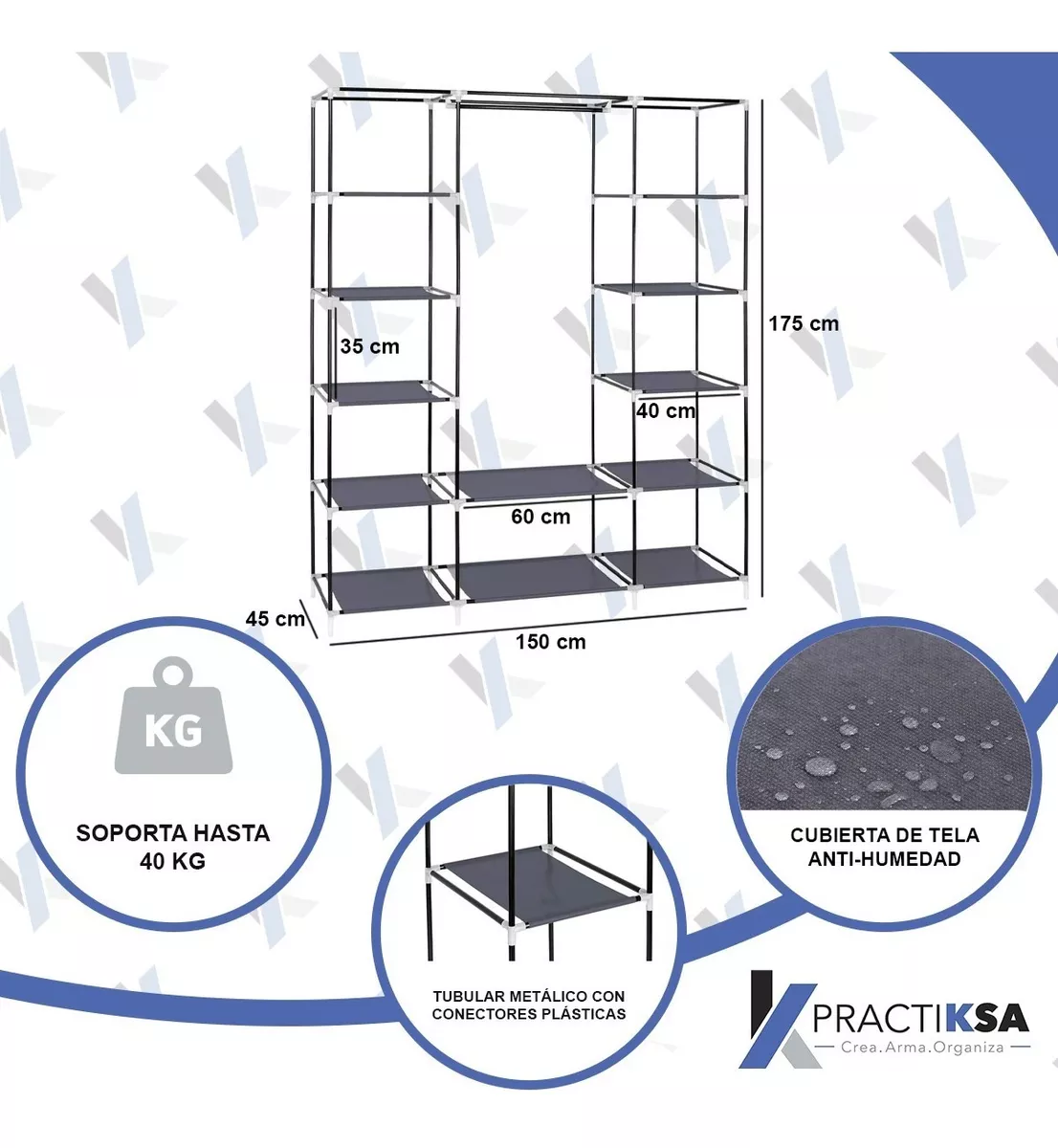 Foto 3 | Estante Armable Organizador Practiksa de Ropa Guardarropa Portátil Rack color Gris Claro