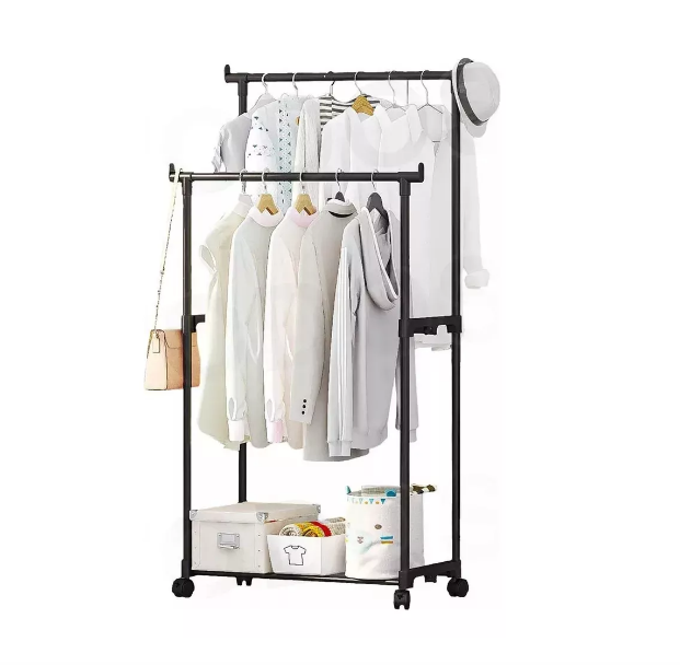 Rack Organizador Doble Para Ropa Perchero Closet Con Ruedas Color: Negro Wünd