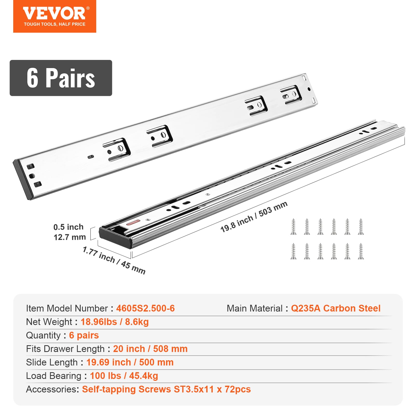 Foto 7 | Correderas Para Cajones Vevor, Cierre Suave, 20 Pulgadas, Muy Resistentes, 6 Pares - Venta Internacional.