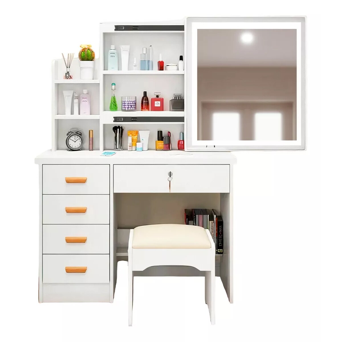 Buro Con Espejo Luz Led Vanity Taburet 5 Cajones Blanco $3,789
