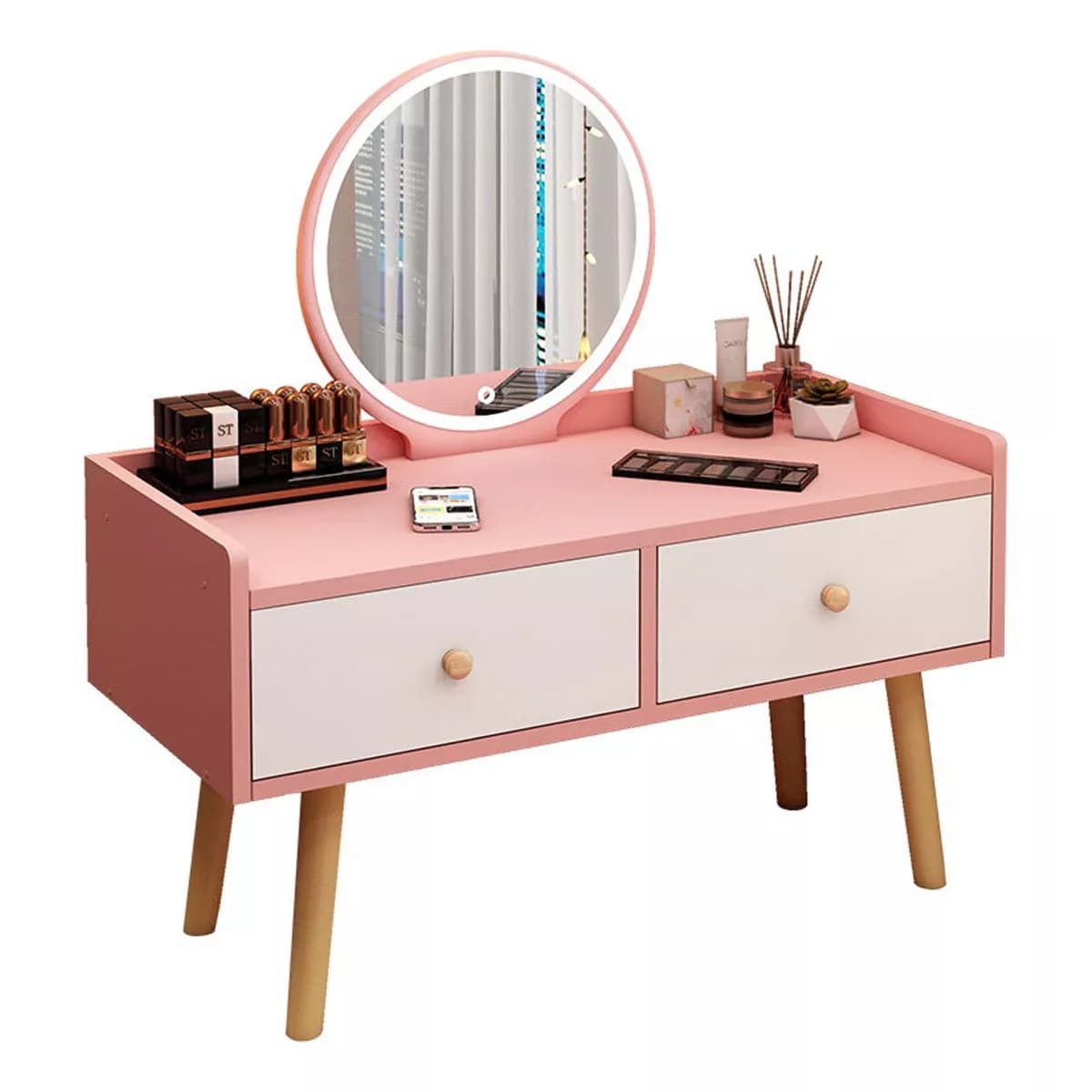 Buró De Madera Mesita De Noche Con Espejo Y Dos Cajones Rosa $1,589