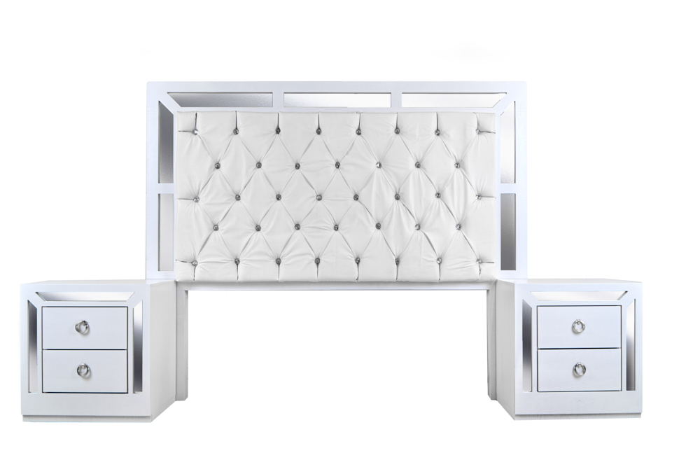 Cabecera Tapizada King Size Con 2 Burós De 2 Cajones Color Blanco Y Plata - Madera Mdf