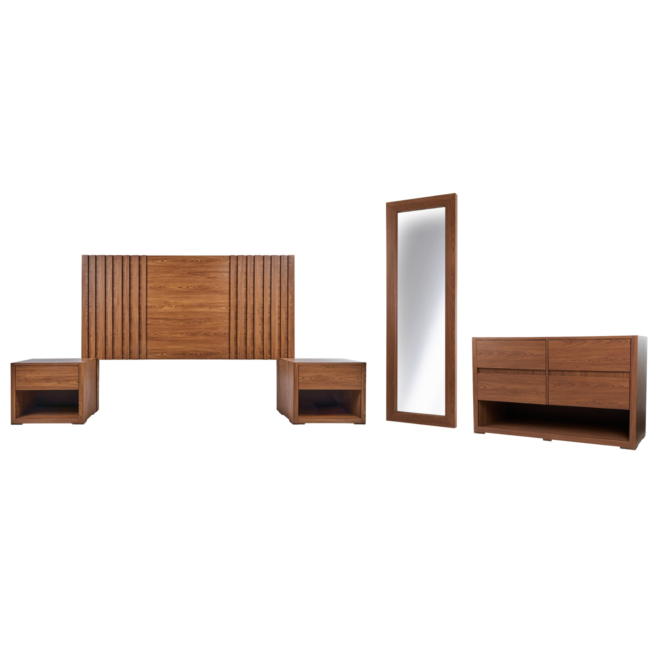 Recámara King Size De 5 Piezas Con Cabecera, 2 Burós, Cajonera Y Espejo Color Nogal - Acabado En Melamina $22,239