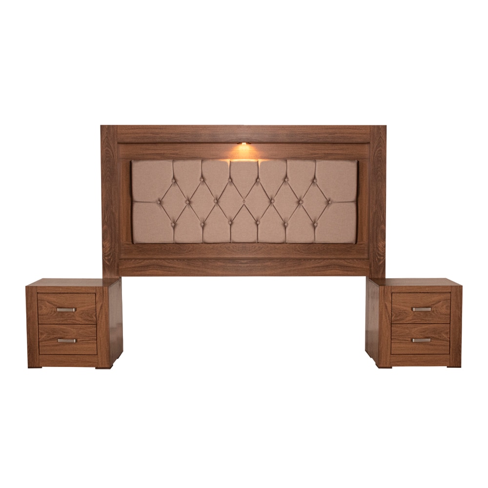 Cabecera Tapizada King Size Con 2 Burós De 2 Cajones Color Nogal - Madera Industrializada Y Tapizado $10,489