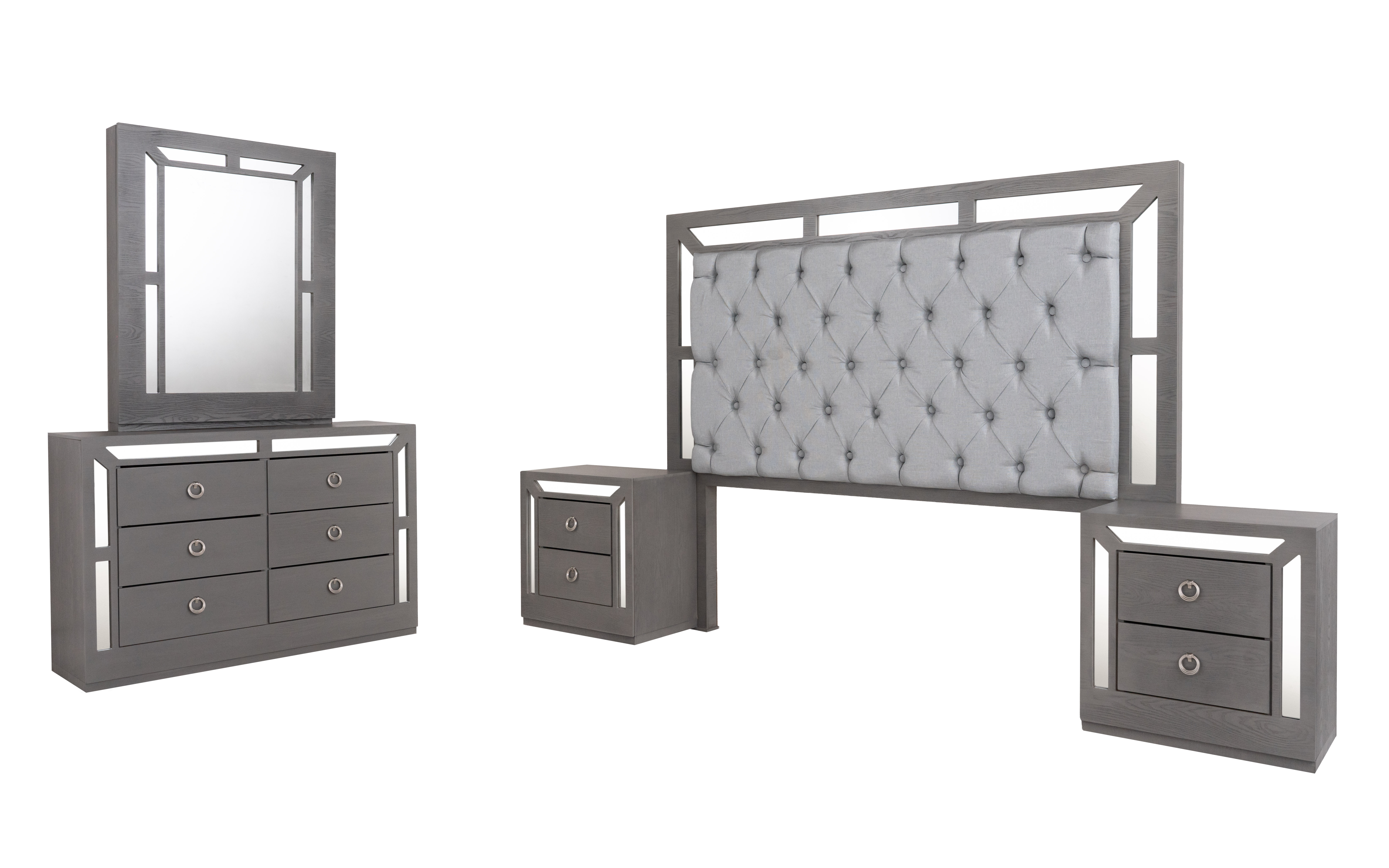 Recámara King Size De 4 Piezas Con Cabecera Tapizada, 2 Burós Y Tocador Con Espejo Color Gris - Madera Industrializada
