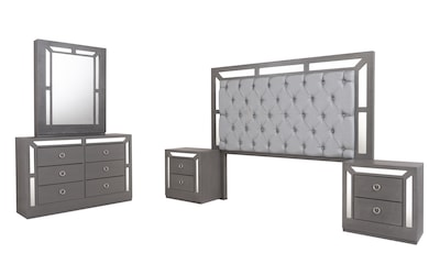 Foto 1 | Recámara King Size De 4 Piezas Con Cabecera Tapizada, 2 Burós Y Tocador Con Espejo Color Gris - Madera Industrializada