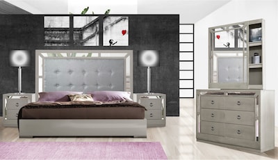 Foto 2 | Recámara King Size De 4 Piezas Con Cabecera Tapizada, 2 Burós Y Tocador Con Espejo Color Gris - Madera Industrializada