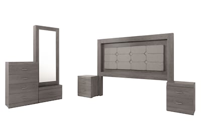 Foto 2 | Recámara King Size De 5 Piezas Con Cabecera Tapizada, 2 Burós, Cajonera Y Espejo Color Gris - Madera Industrial