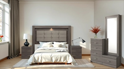 Foto 7 | Recámara King Size De 5 Piezas Con Cabecera Tapizada, 2 Burós, Cajonera Y Espejo Color Gris - Madera Industrial