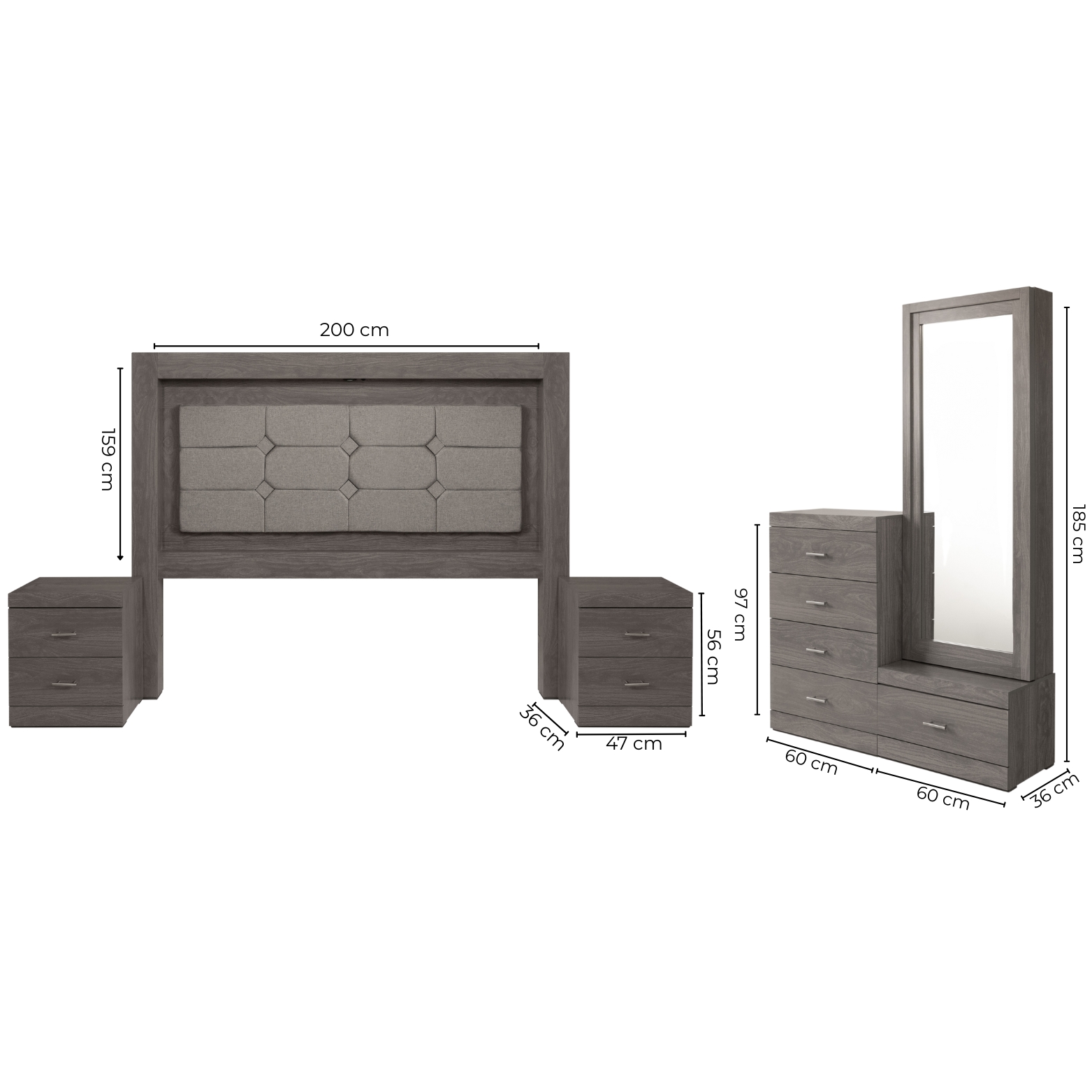 Foto 8 | Recámara King Size De 5 Piezas Con Cabecera Tapizada, 2 Burós, Cajonera Y Espejo Color Gris - Madera Industrial