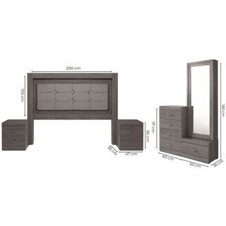Foto 8 | Recámara King Size De 5 Piezas Con Cabecera Tapizada, 2 Burós, Cajonera Y Espejo Color Gris - Madera Industrial