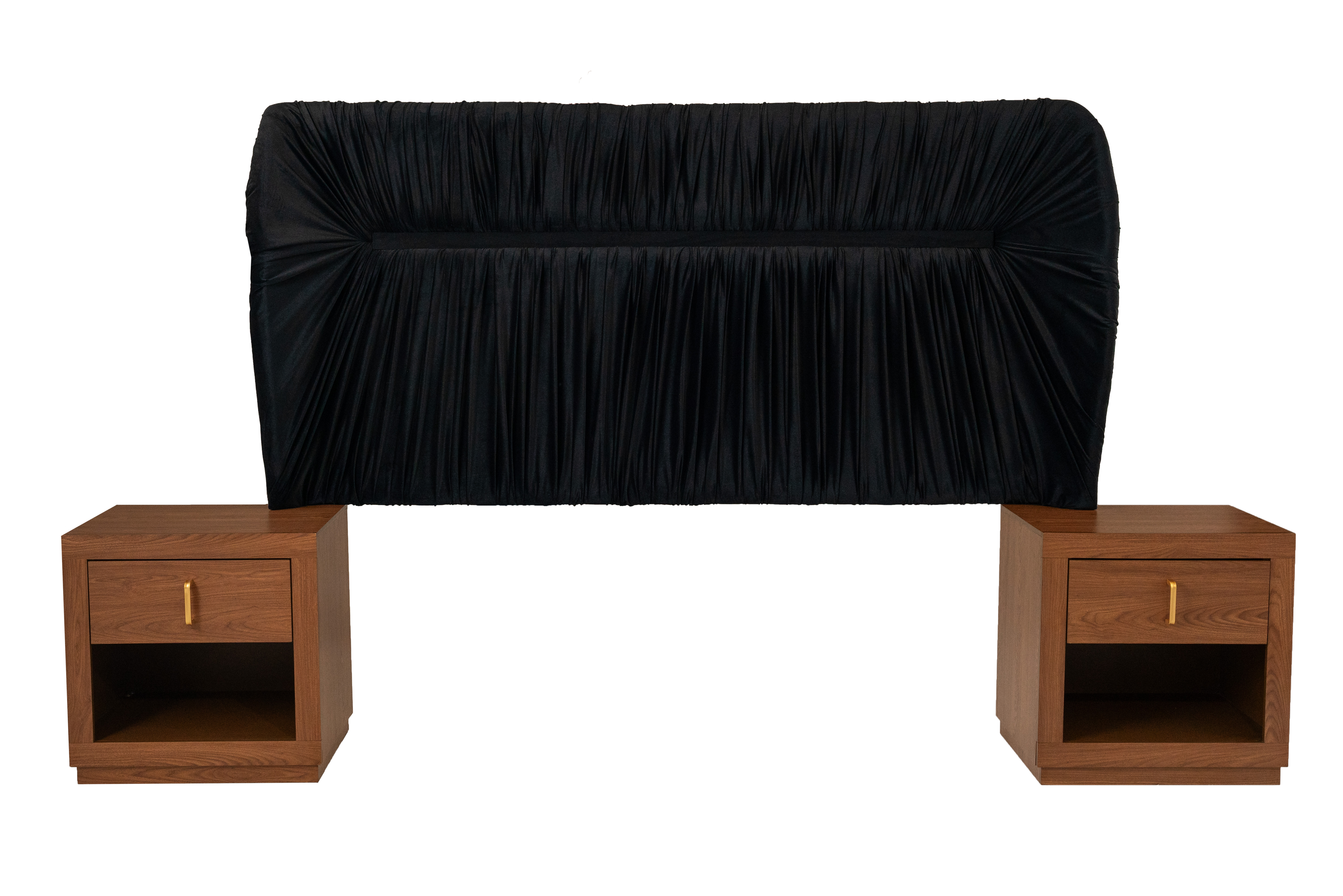 Cabecera Tapizada King Size Con 2 Burós De 1 Cajón Color Negro Y Nogal - Madera Industrializada Y Tapizado