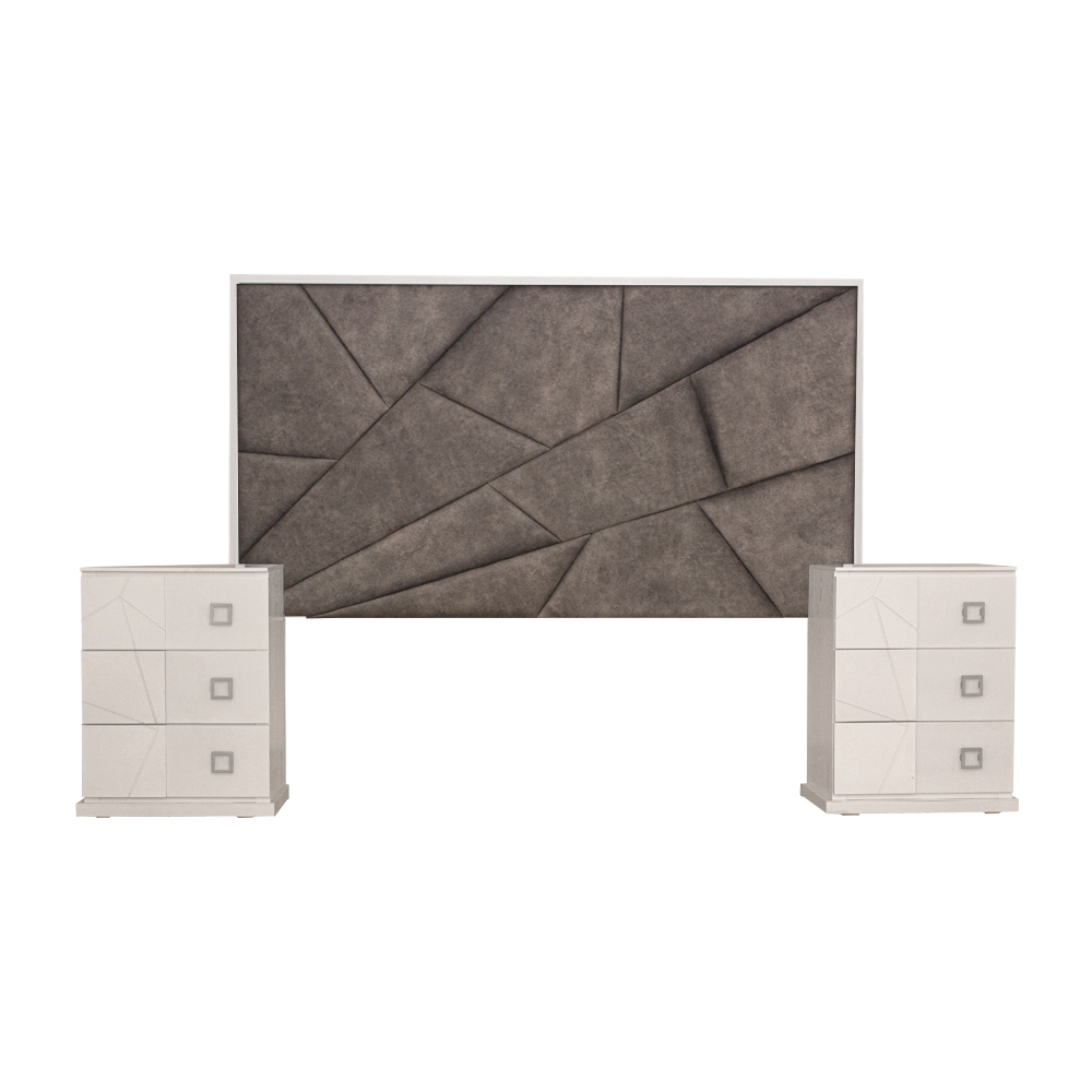 Cabecera Tapizada King Size Con 2 Burós De 3 Cajones Color Gris Y Blanco - Madera Industrializada Y Tapizado