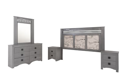 Foto 1 | Recámara King Size De 4 Piezas Con Cabecera Tapizada, 2 Burós Y Tocador Con Espejo Color Gris - Madera Industr