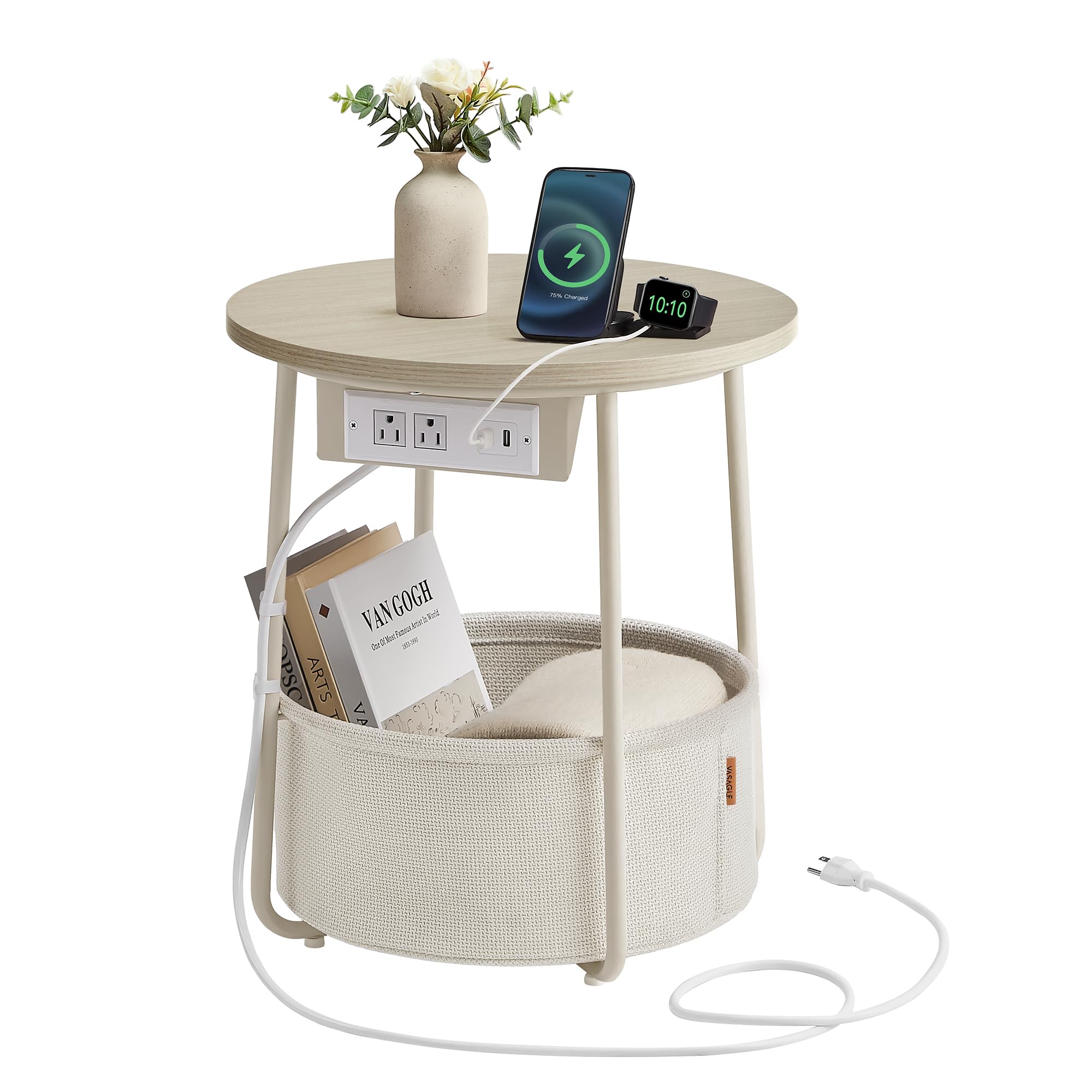 Mesa Auxiliar Vasagle Redonda Con Estación De Carga, Color Blanco Crema - Venta Internacional. $1,617