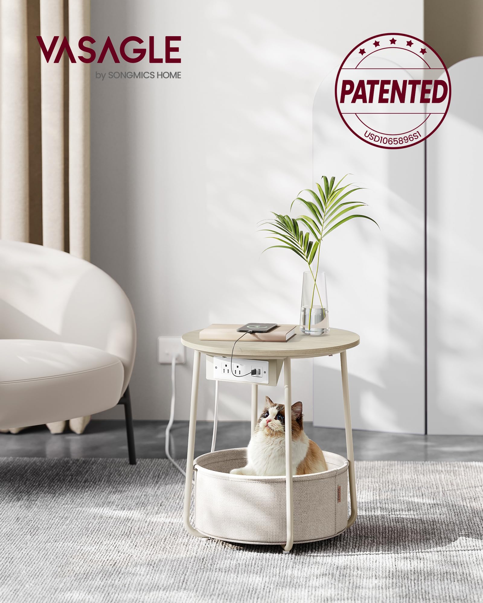 Foto 2 | Mesa Auxiliar Vasagle Redonda Con Estación De Carga, Color Blanco Crema - Venta Internacional.