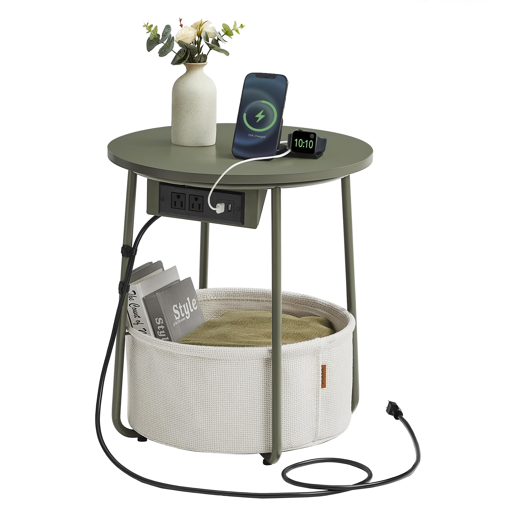 Mesa Auxiliar Vasagle Redonda Con Estación De Carga Forest Green - Venta Internacional.