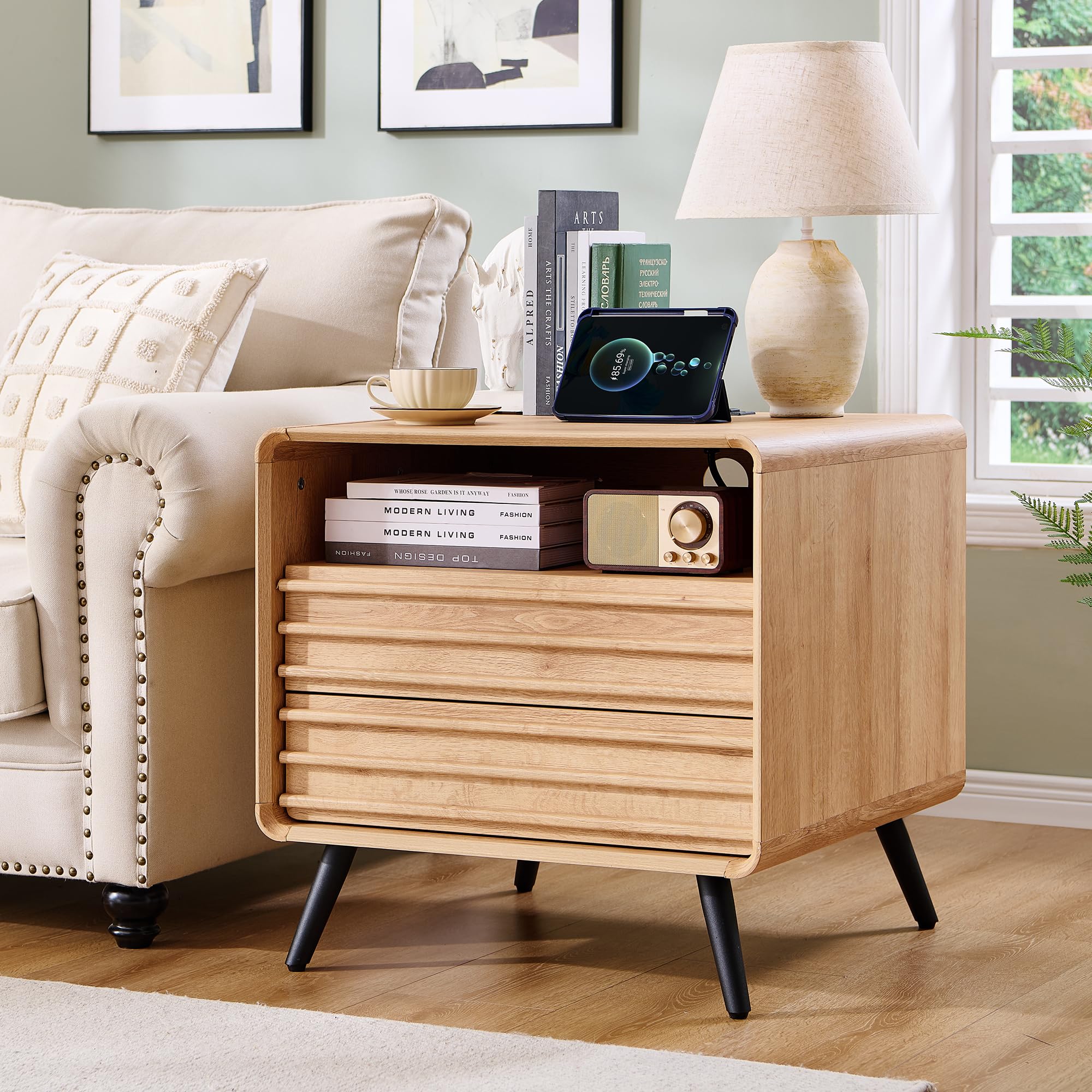 Mesita De Noche Redlemon24 Con Estación De Carga Mid Century Oak - Venta Internacional.