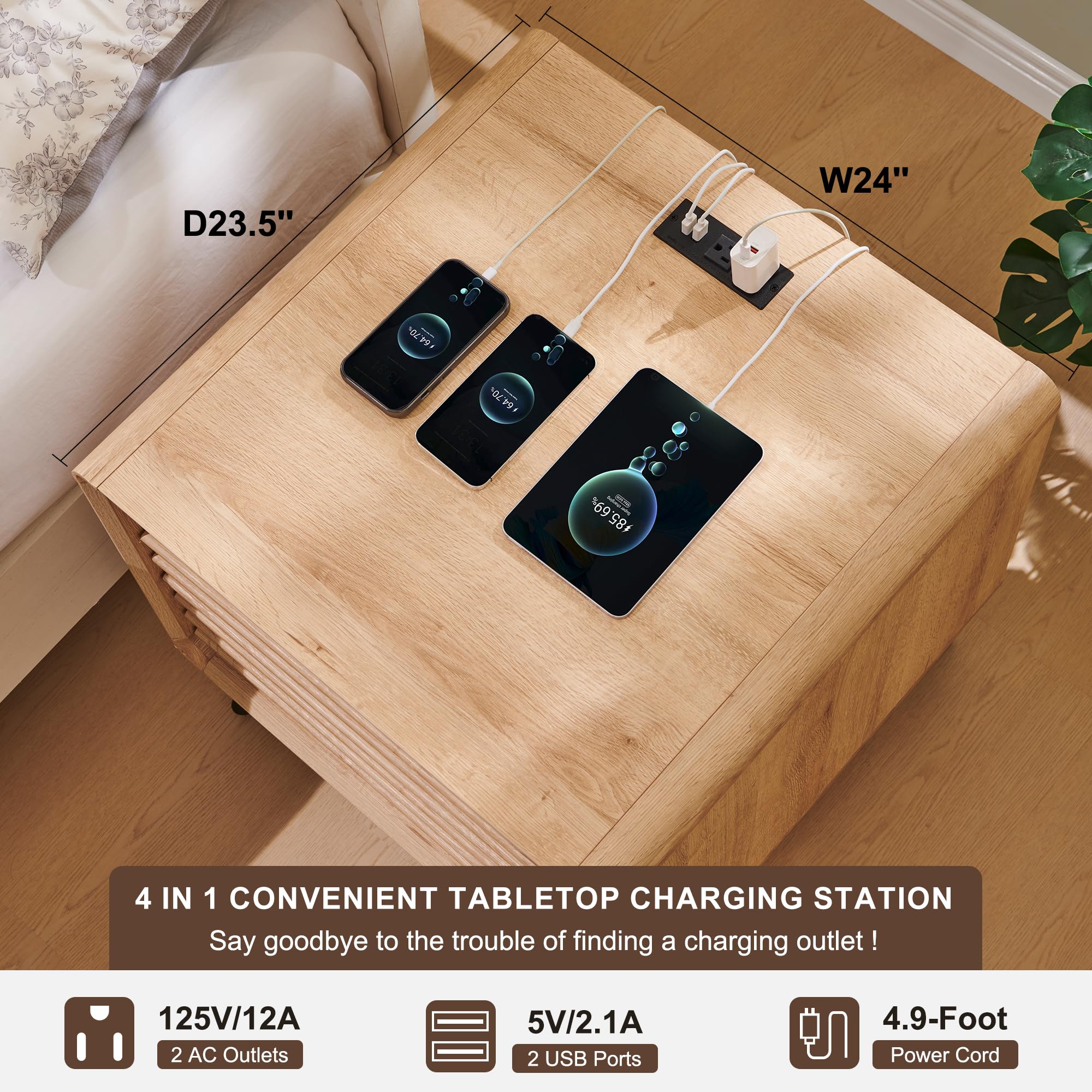 Foto 3 | Mesita De Noche Redlemon24 Con Estación De Carga Mid Century Oak - Venta Internacional.