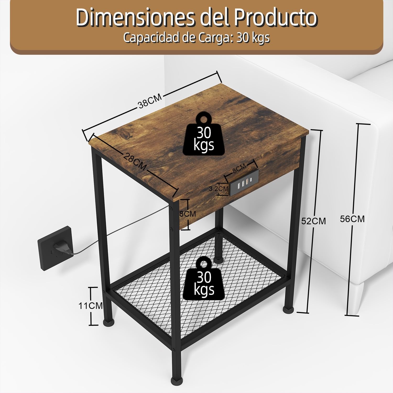 Foto 4 pulgar | Mesa De Centro Furniturer Oakham Marrón 38 X 28 X 52 Cm