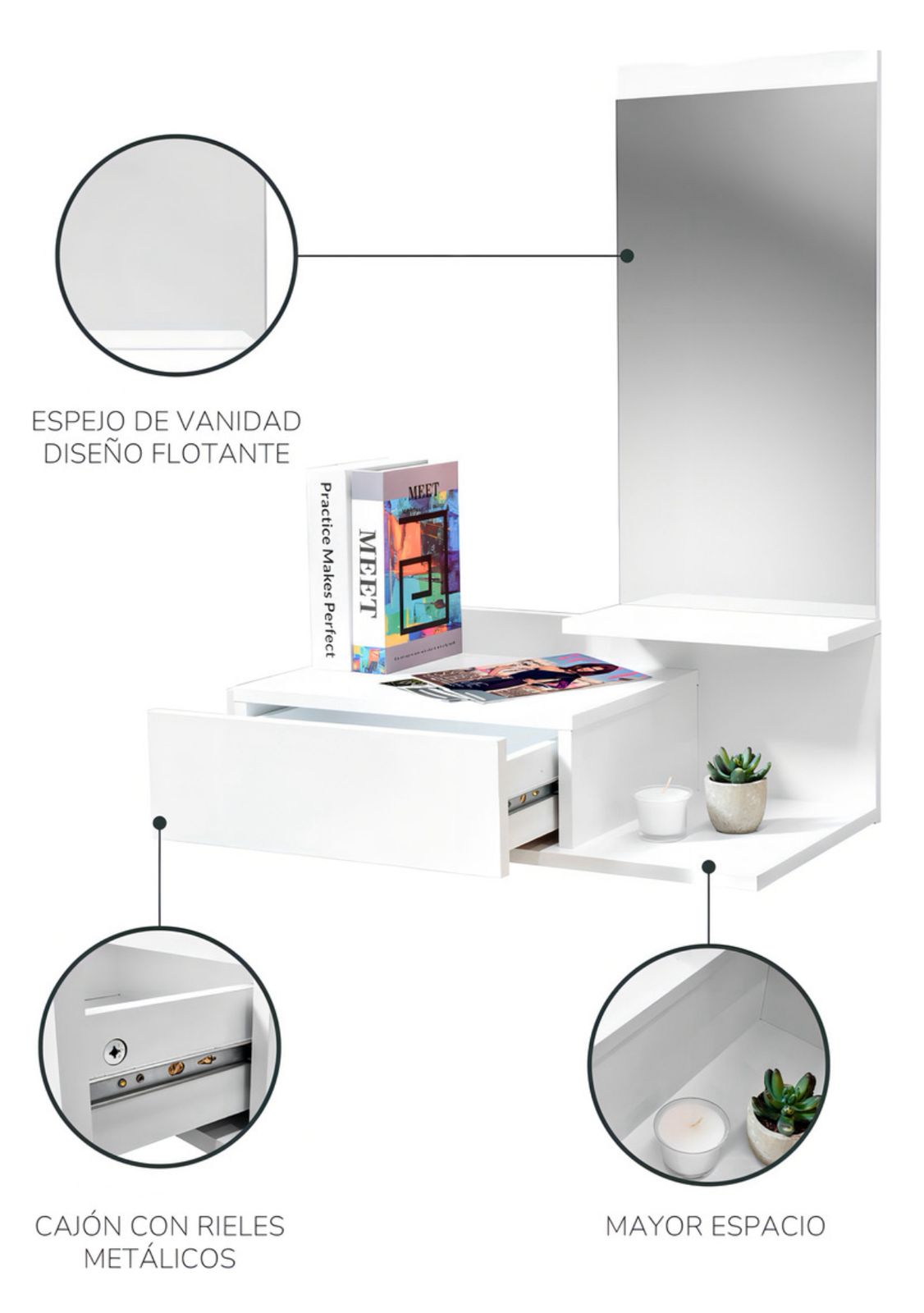 Foto 5 | Tocador Vanity Moderno De Pared Maquillador Peinador Con Espejo Color Blanco