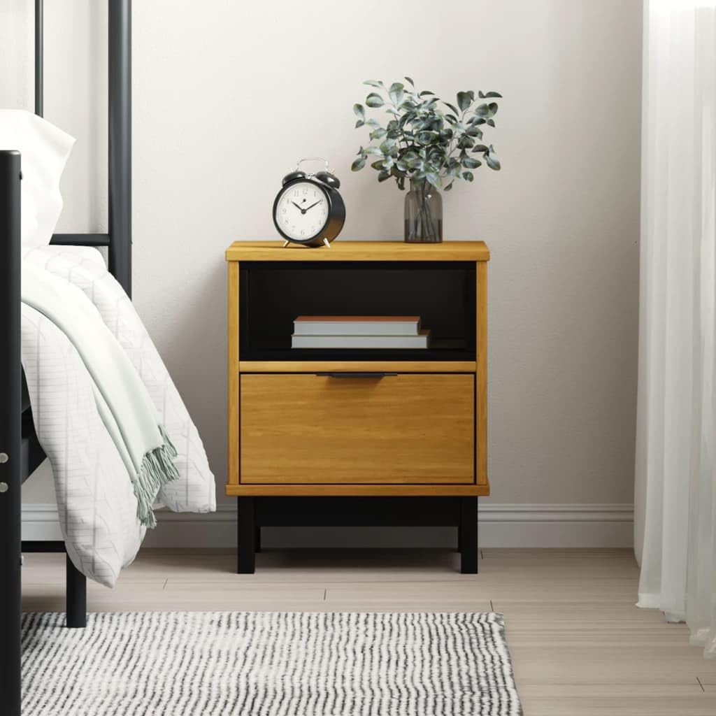 Foto 4 pulgar | Mesita De Noche Vidaxl Flam De Madera Maciza De Pino Con Cajón De Roble - Venta Internacional.