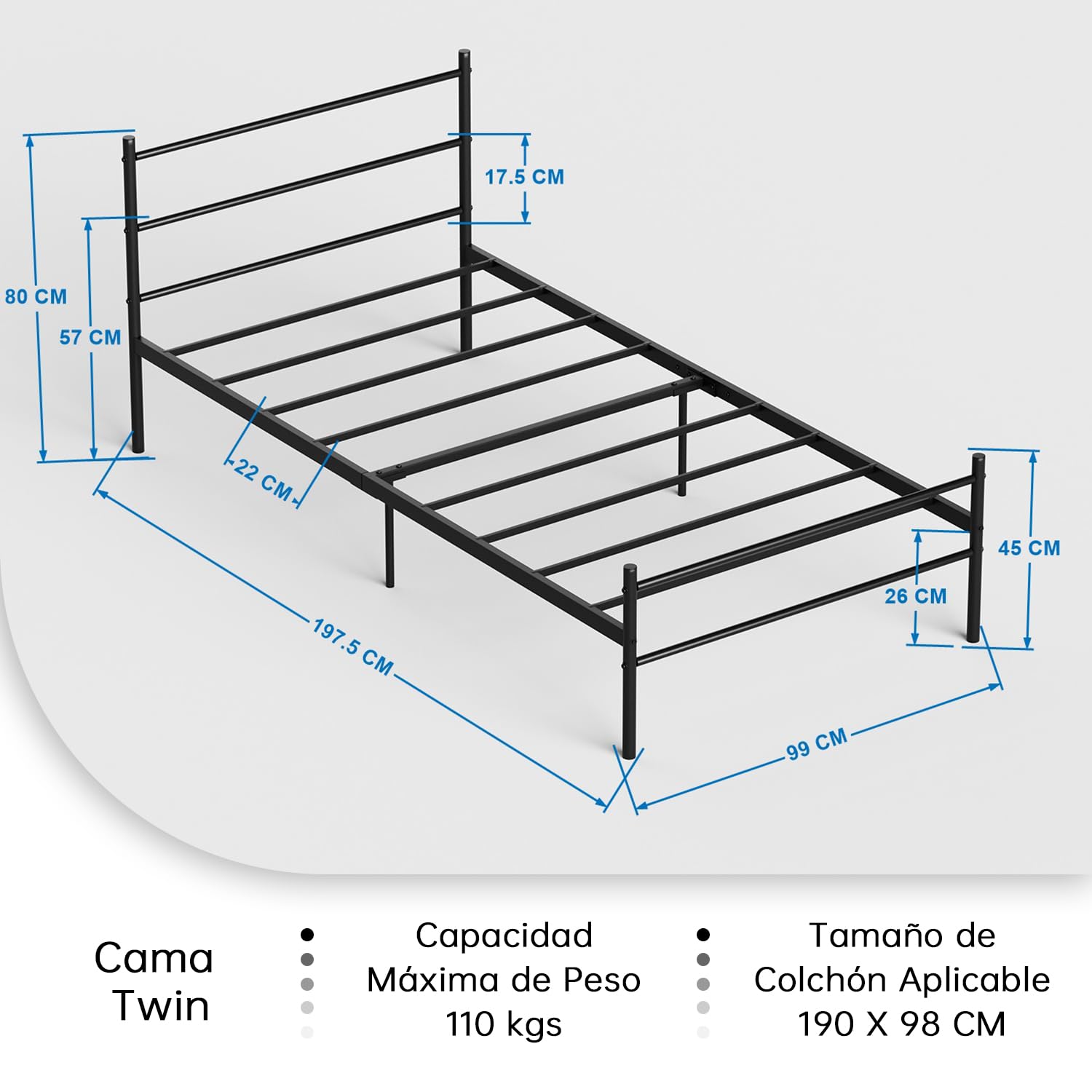 Foto 3 pulgar | Cama Furniturer Primo Negro 197.5 X 99 X 80 Cm