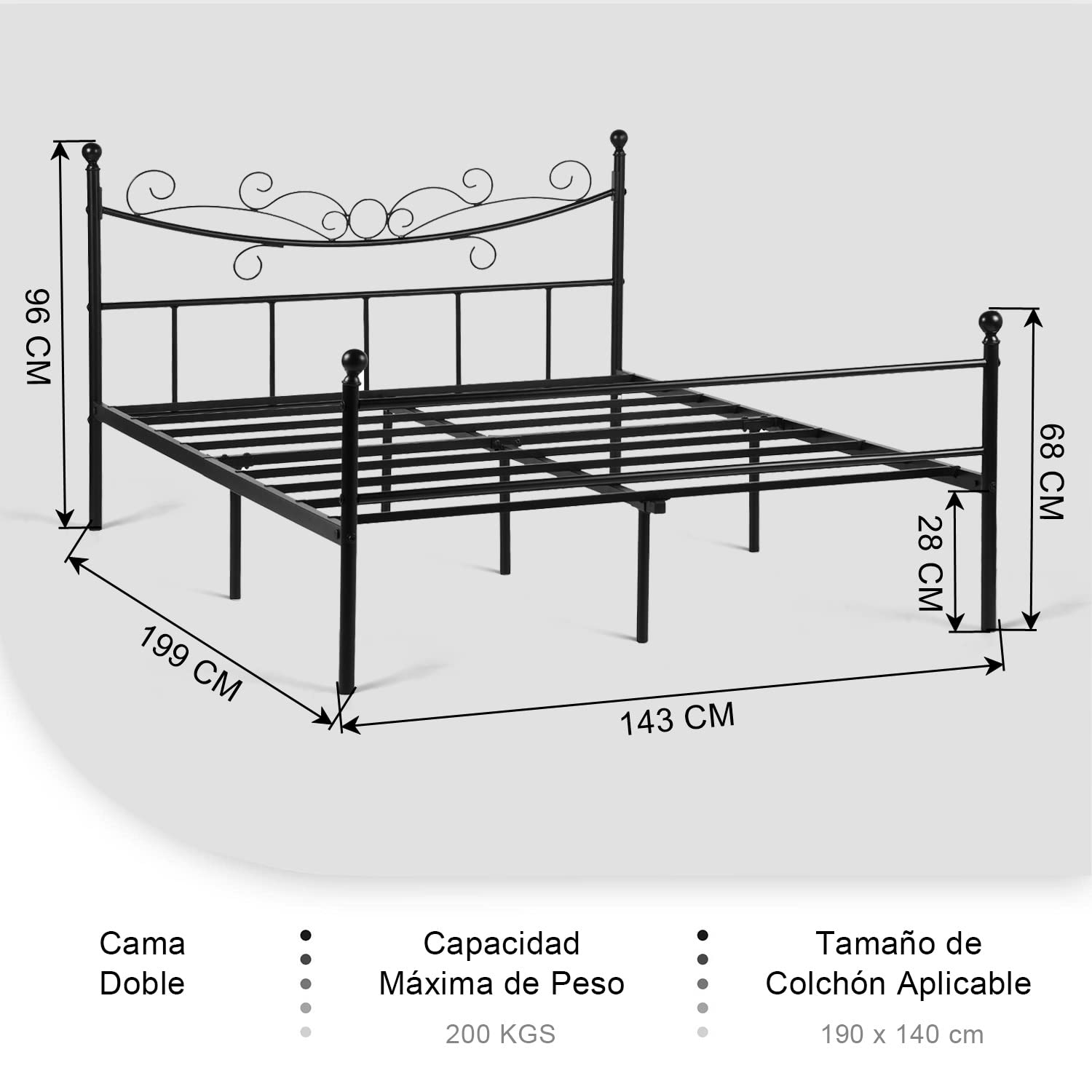 Foto 3 pulgar | Cama Furniturer Tatiana Negro 199 X 143 X 96 Cm