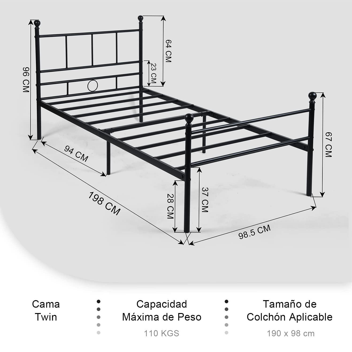 Foto 3 pulgar | Cama Furniturer Lovisa Negro 198 X 98.5 X 96 Cm