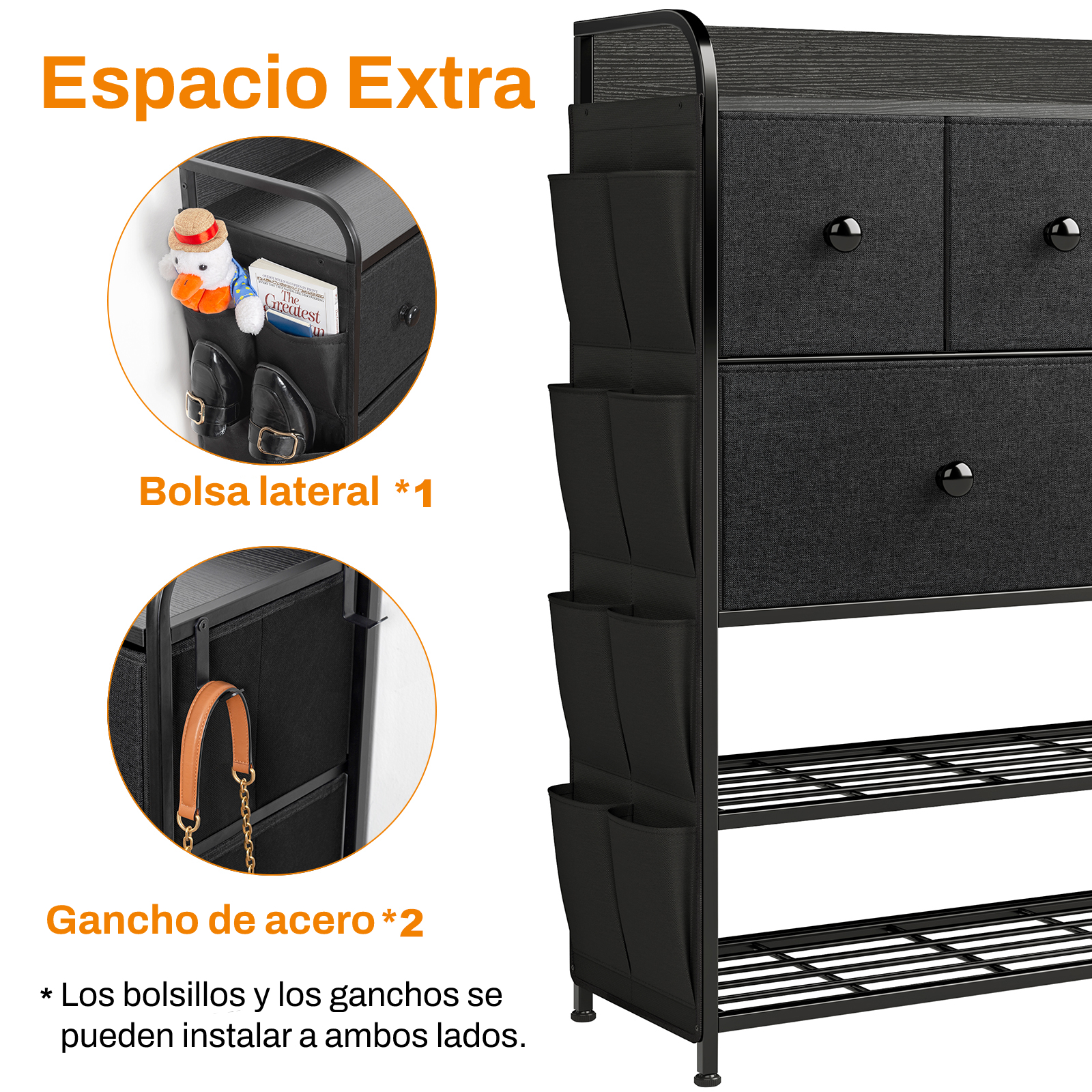 Foto 6 pulgar | Cómoda 6 Cajones Fabato FA0562-BLK color Negro de Tela Torre Organizadora 2 Niveles