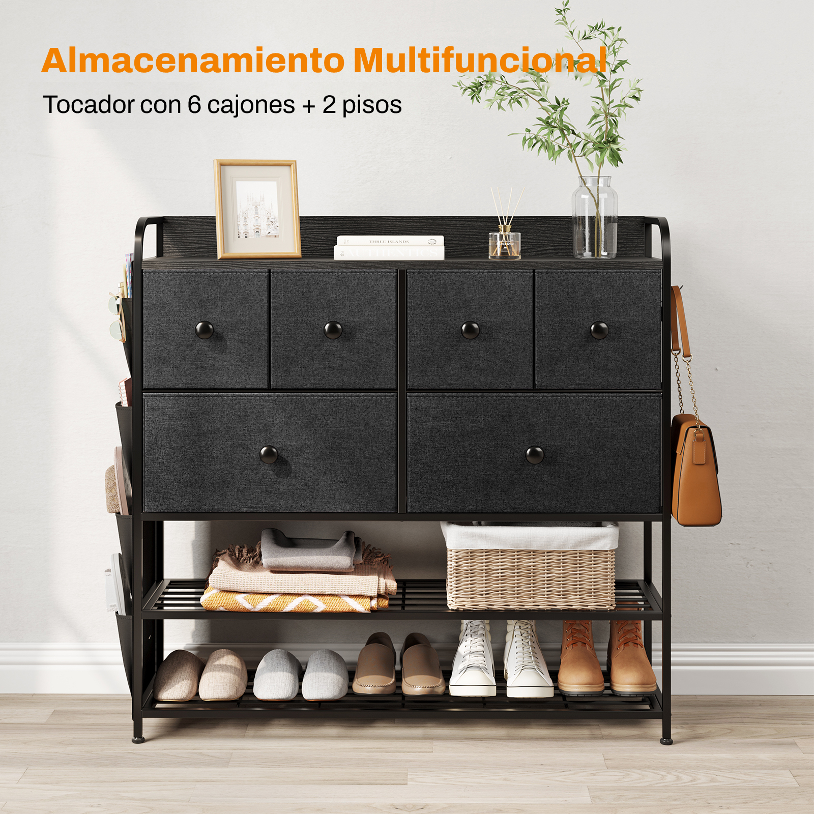 Foto 8 pulgar | Cómoda 6 Cajones Fabato FA0562-BLK color Negro de Tela Torre Organizadora 2 Niveles