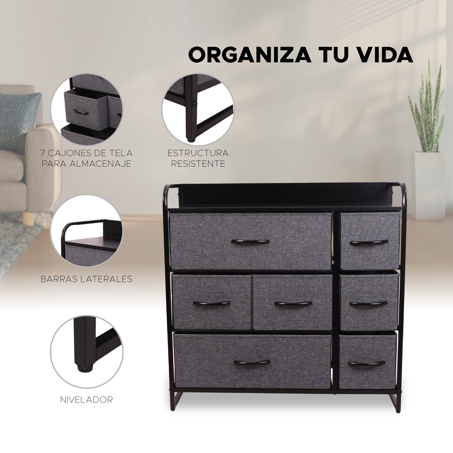 Foto 2 | Cómoda De Tela Con 7 Cajones – Gris
