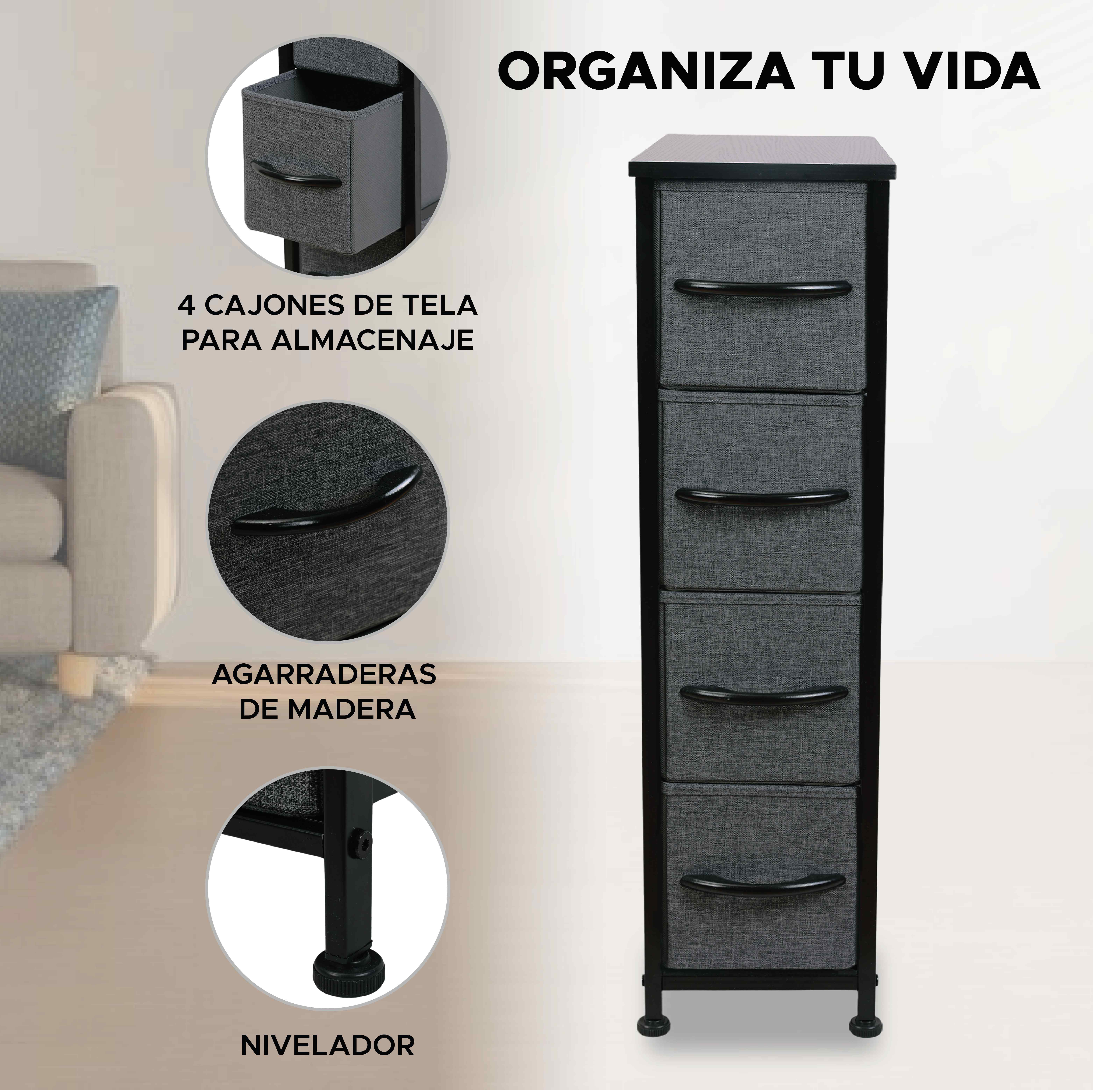 Foto 3 pulgar | Cómoda De Tela Con 4 Cajones – Gris