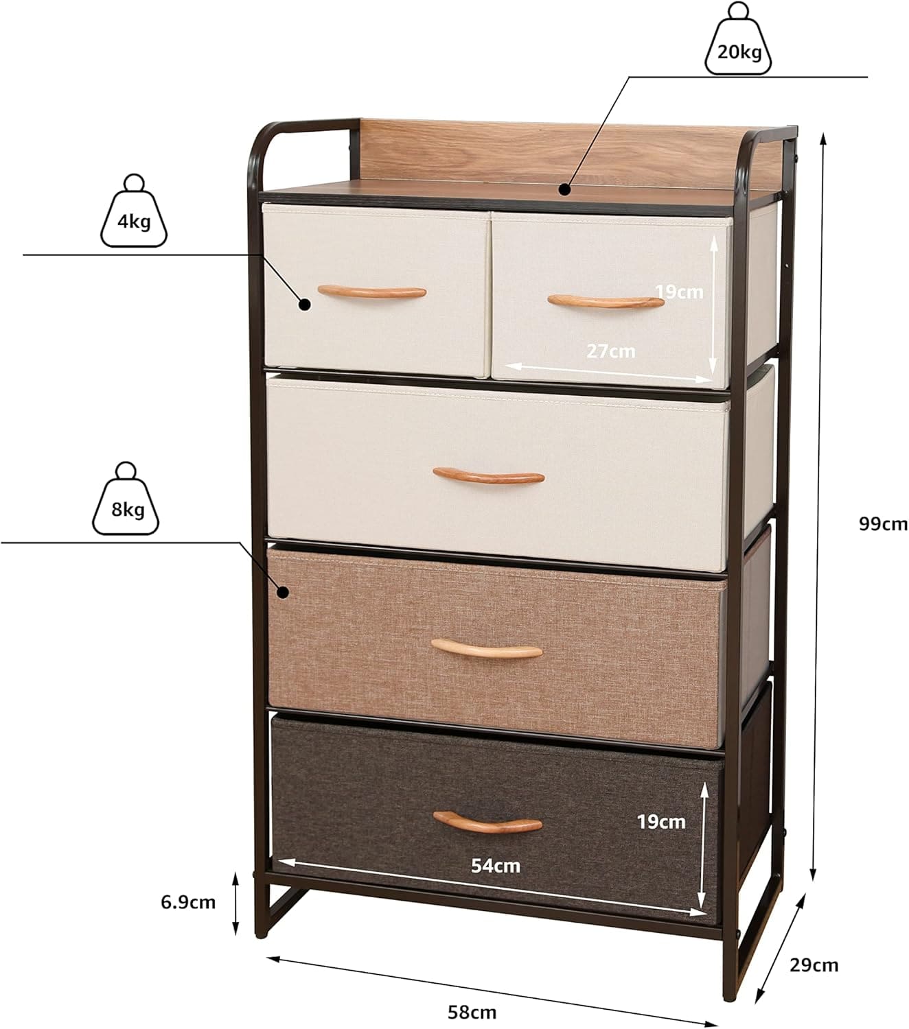Foto 4 | Cómoda Compacta De 5 Cajones Mu:4life  5l608 Café Mixto De Estructura Metal Y Cajones De Tela
