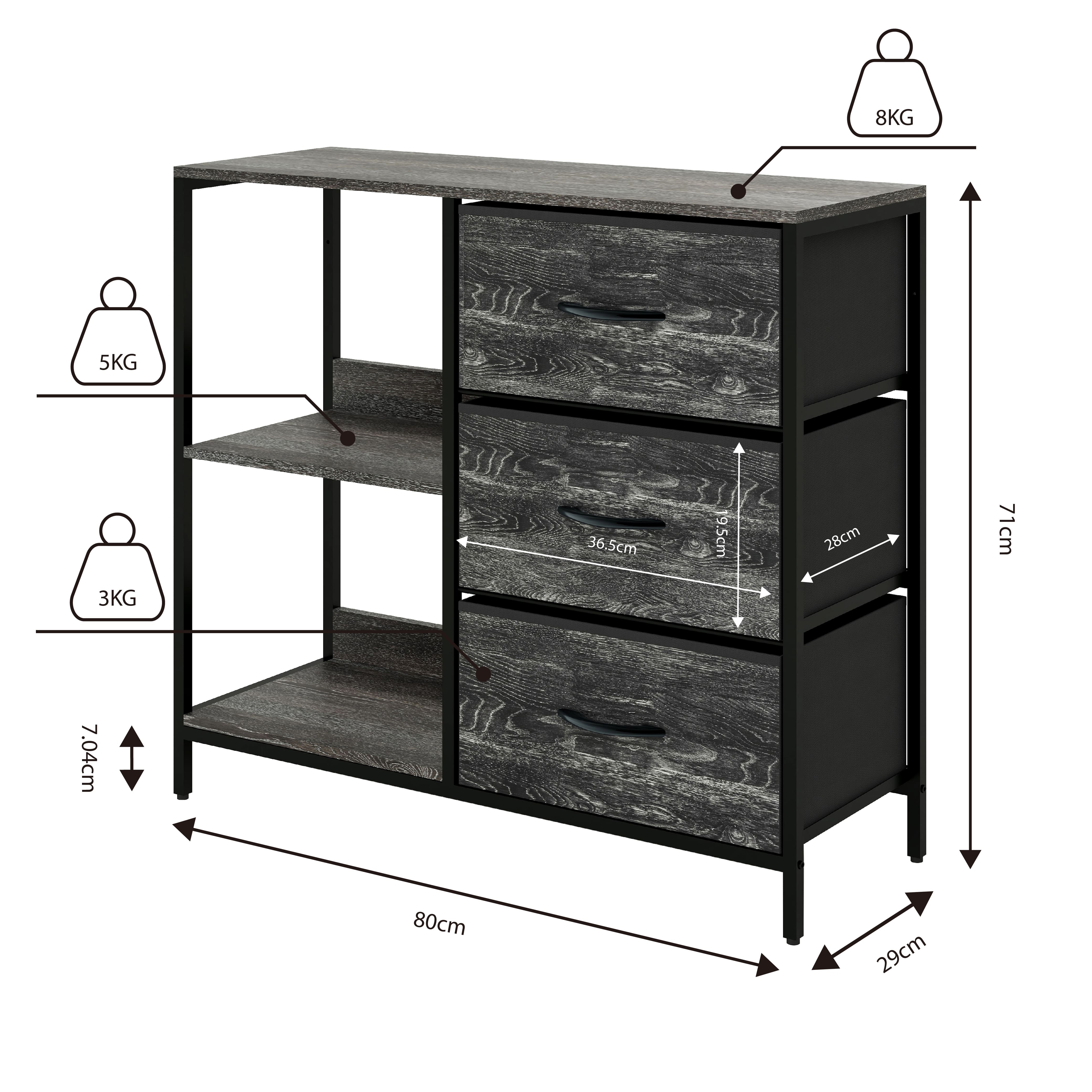 Foto 6 pulgar | Organizador Cajonera De 3 Cajones Y 3 Estantes Mu:4life 5l-804-on Oak Negro De Estructura Metal Y Cajones De Te