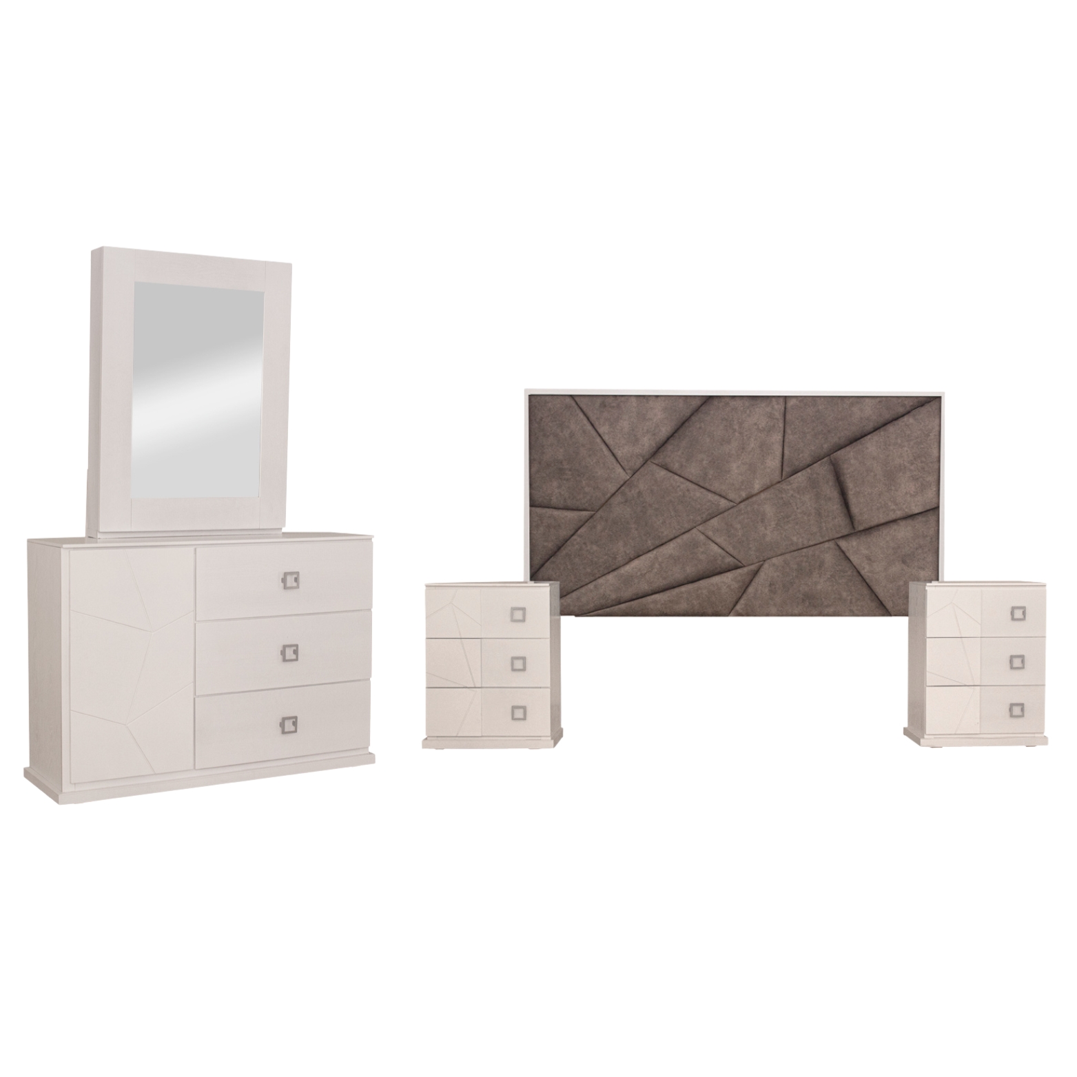 Recámara King Size De 4 Piezas Con Cabecera Tapizada, 2 Burós Y Tocador Con Espejo Color Gris Y Blanco - Madera