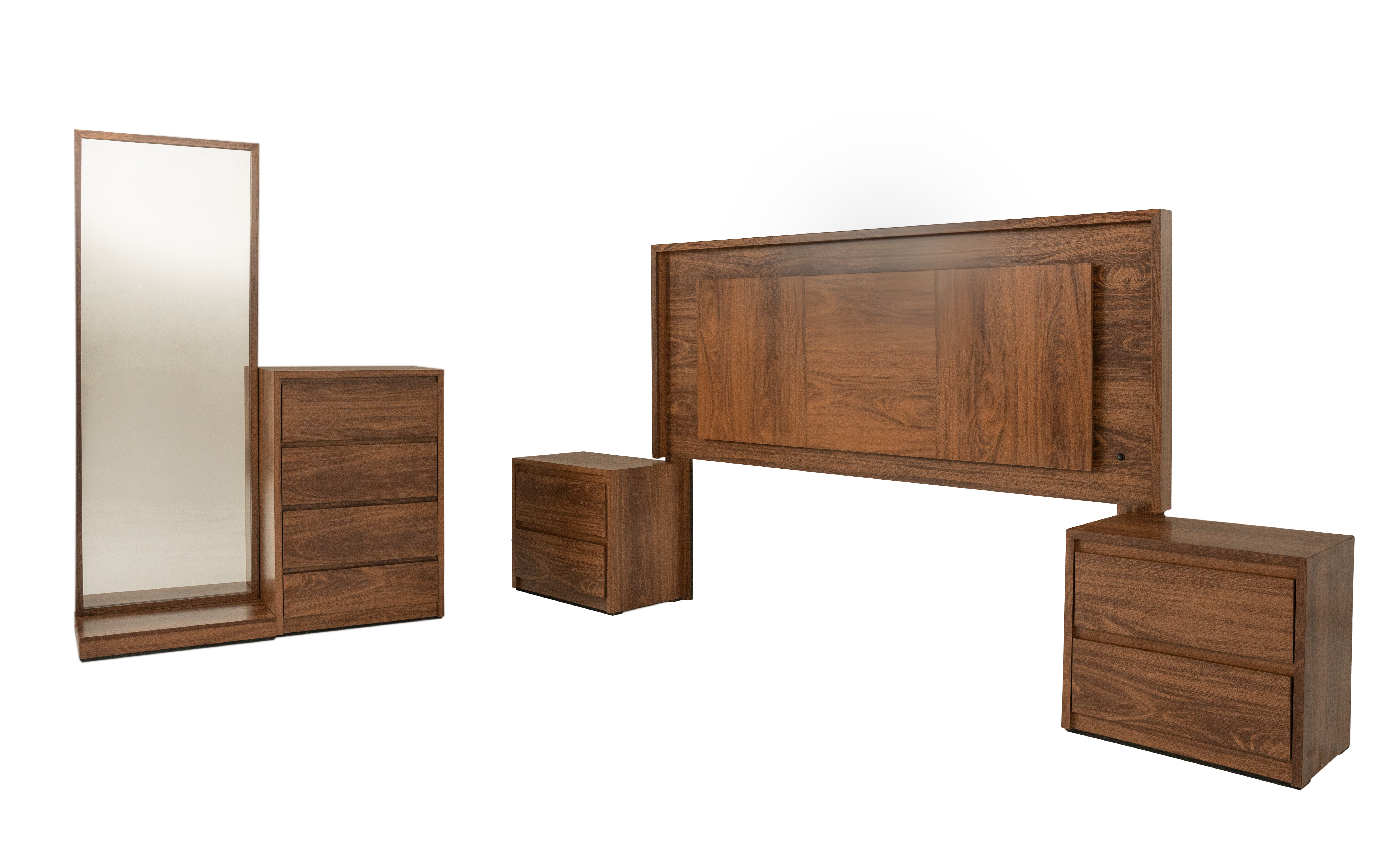 Recámara King Size De 5 Piezas Con Cabecera Con Luz, 2 Burós, Cajonera Y Espejo Color Parota - Madera Industrializada