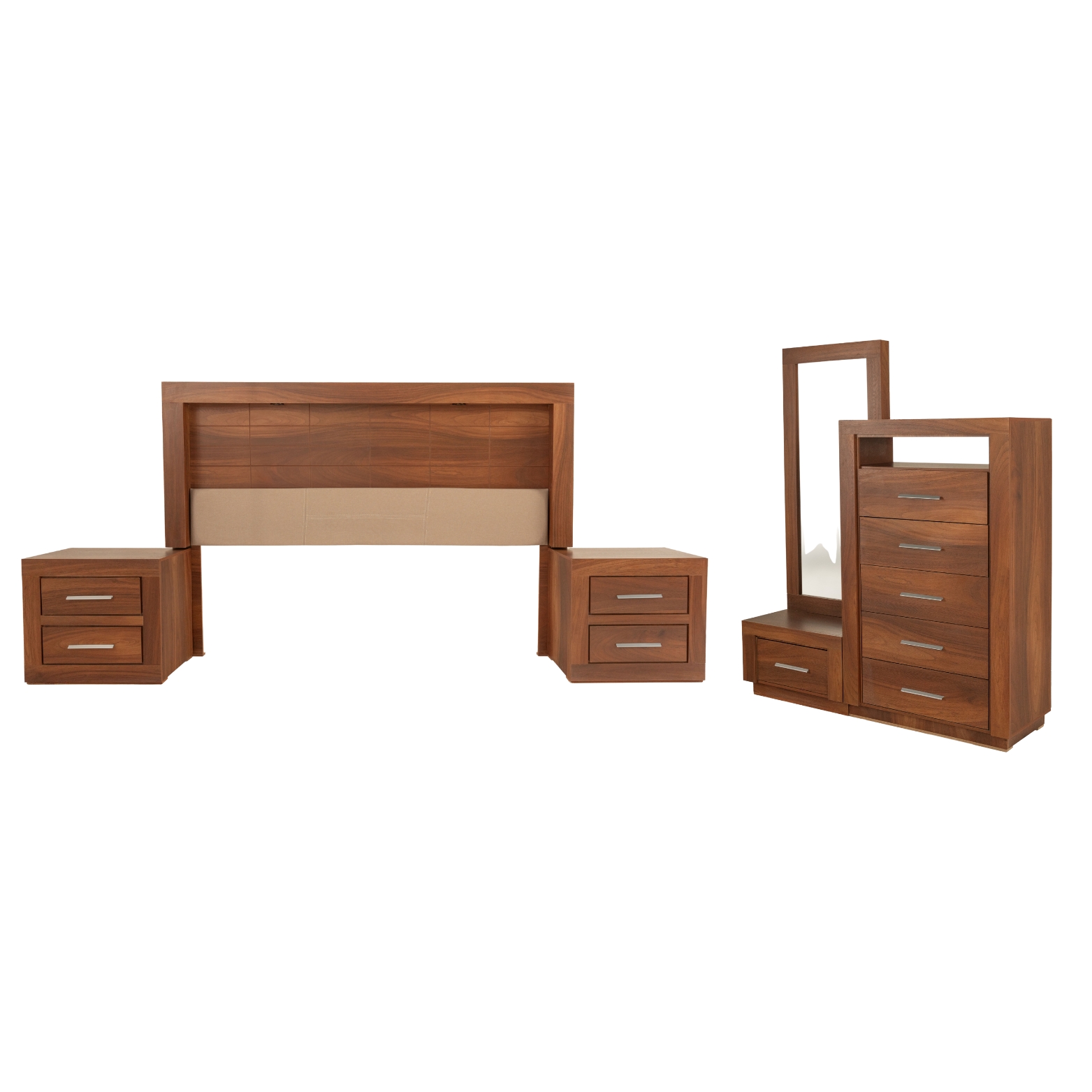 Recámara King Size De 5 Piezas Con Cabecera Con Luz, 2 Burós, Cajonera Y Espejo Color Parota - Madera Industrializada