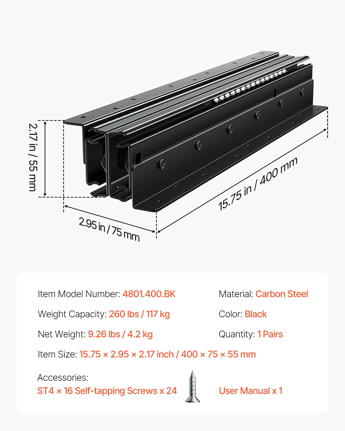 Foto 7 | Diapositivas Vevor Para Cajones, Bajo Encimera, Resistentes, 16-40 Pulgadas, Carga 118 Kg - Venta Internacional.